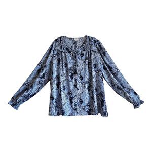 JOIE Women M Tunic Blouse Ocean Blues Pintuck Pleats Front Tie Ruffle Sleeve 44"